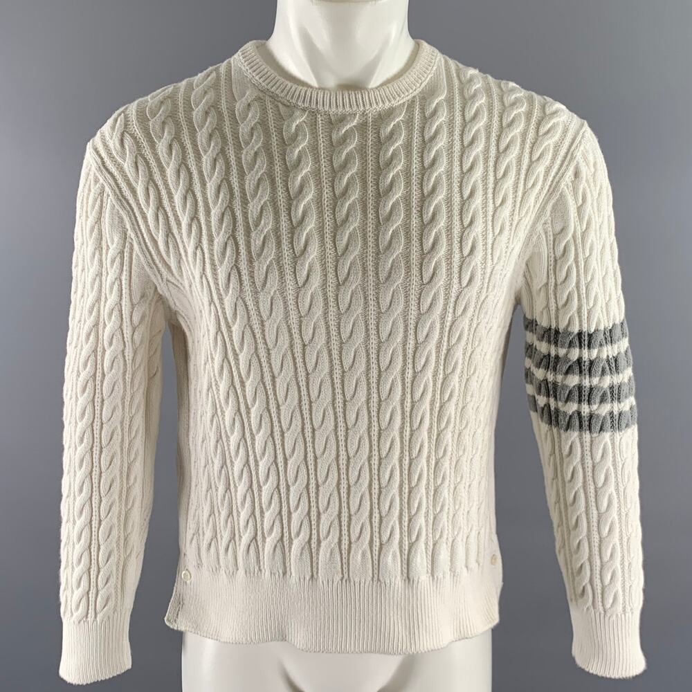 THOM BROWNE Size M White Grey Cotton Cable Knit Sweater